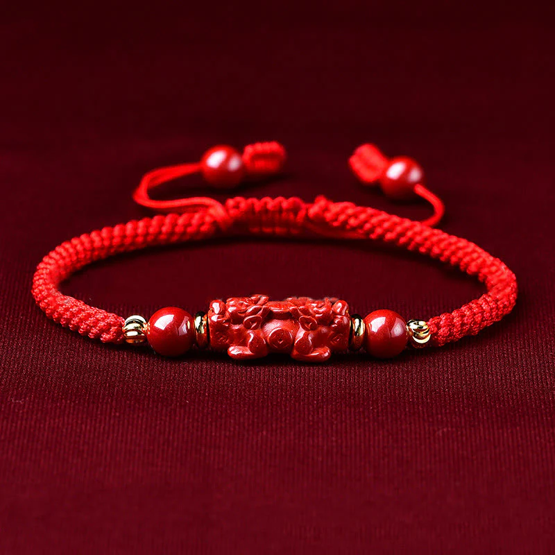 Buddha Stones Handcrafted Pixiu Cinnabar Ruyi Stick Wealth Luck Braided Bracelet