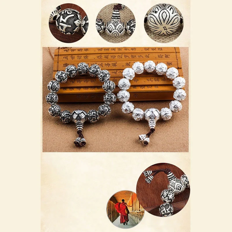 Buddha Stones Tibetan Om Mani Padme Hum Carved Alloy Beads Amulet Bracelet (Extra 35% Off | USE CODE: FS35)