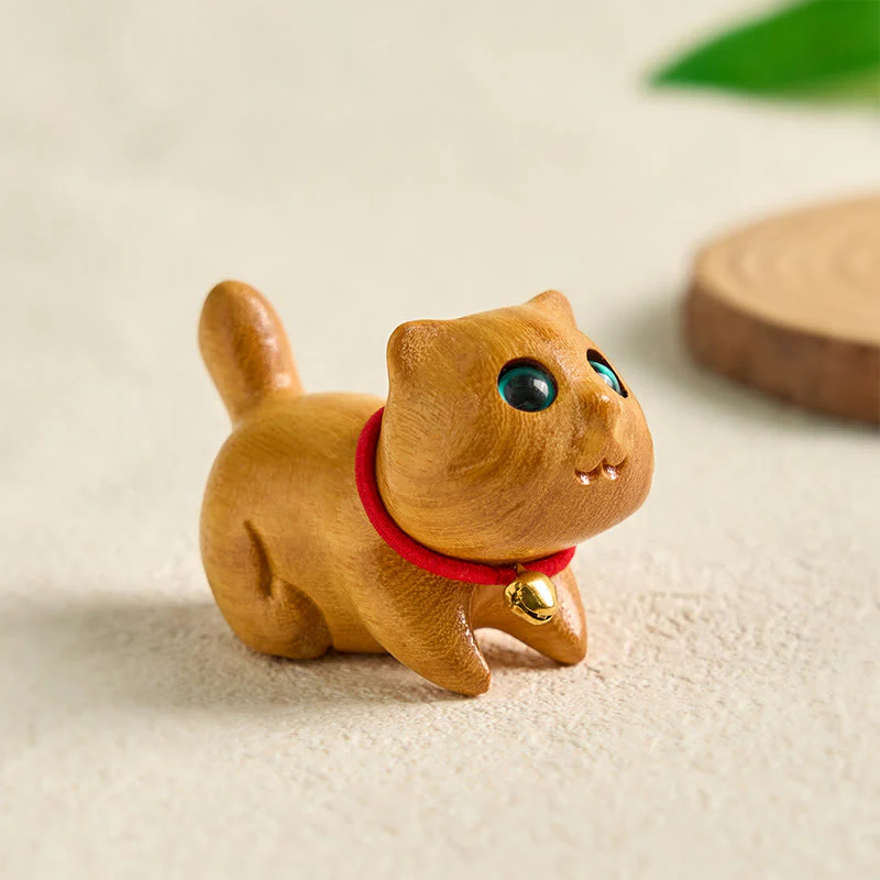 Buddha Stones Mini Sandalwood Carved Lucky Confident Cat Healing Decoration