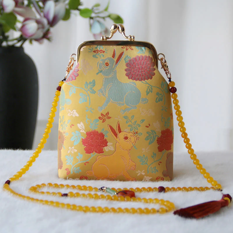 Buddha Stones Retro Chinese Embroidery Pearl Chain Crossbody Bag Shoudler Bag