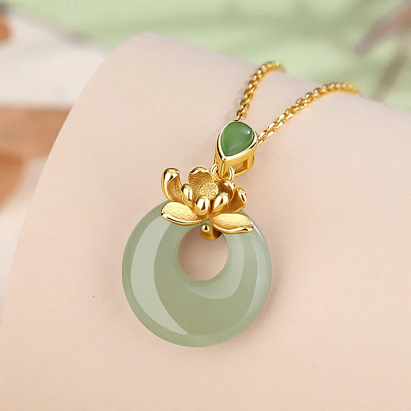 Buddha Stones Jade Lotus Abundance String Necklace Pendant