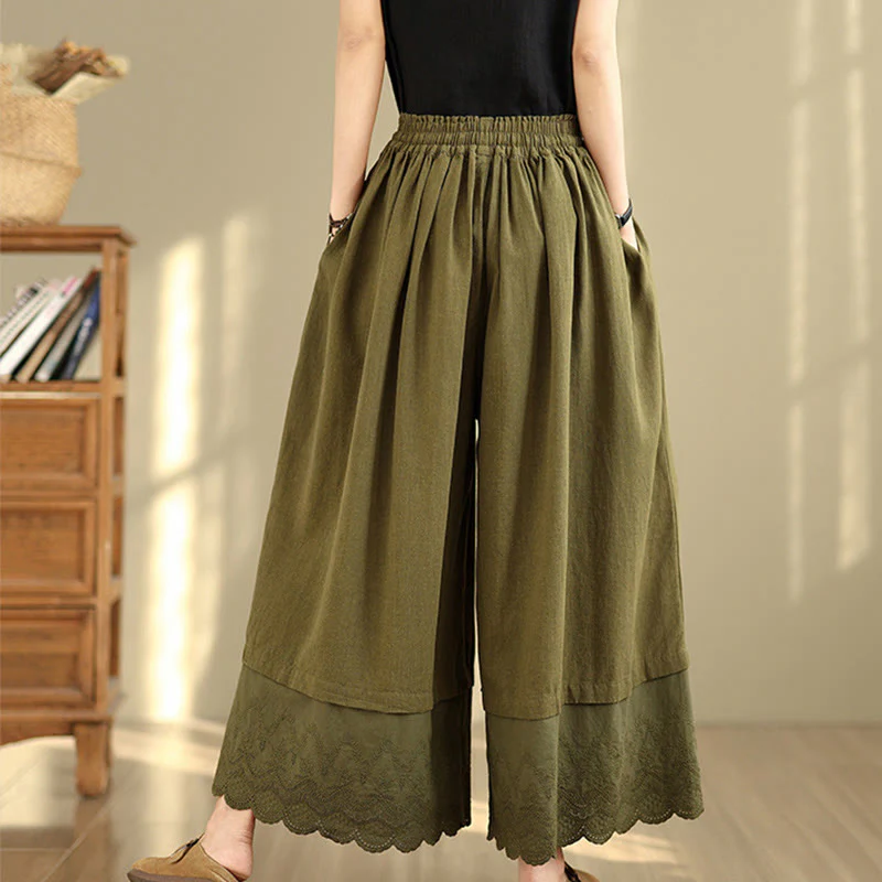 Buddha Stones Spring Embroidery Lace Hem Patchwork Drawstring Design Women's Wide Leg Cotton Pants With Pockets