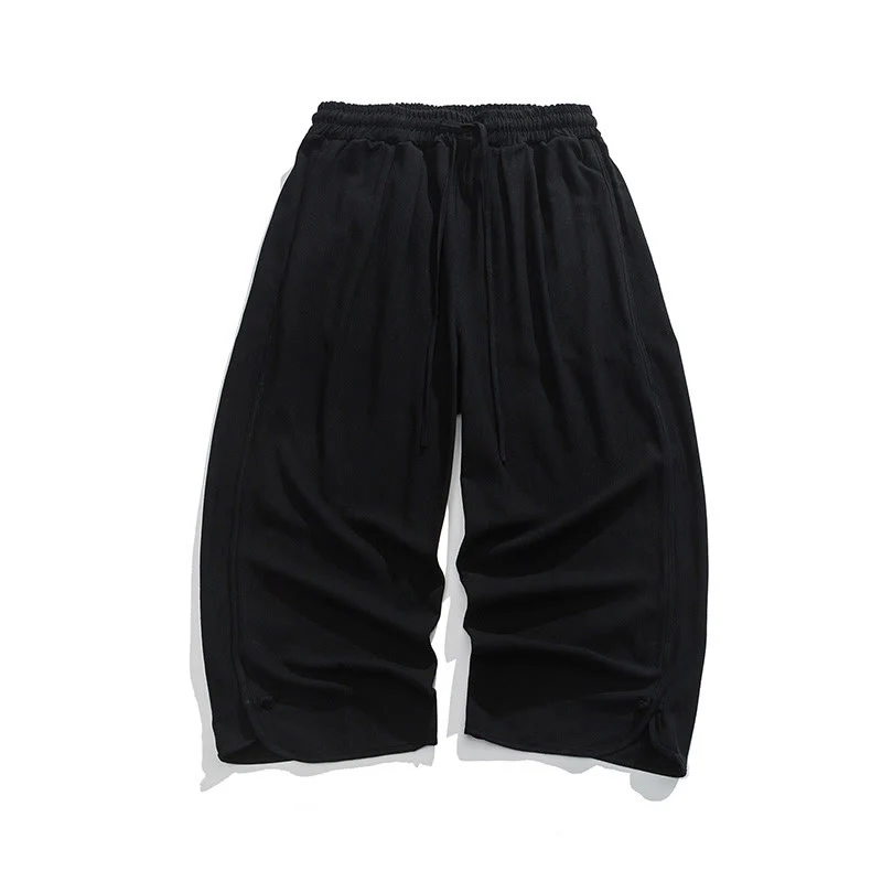 Buddha Stones Casual Loose Frog-Button Plain Men's Cotton Linen 7-8 Length Pants With Pockets