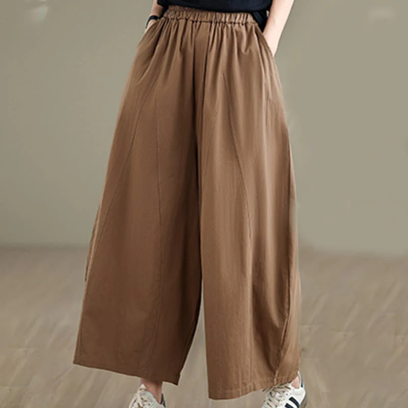 Buddha Stones Casual Plain Cotton Women's 7-8 Length Wide Leg Pants With Pockets