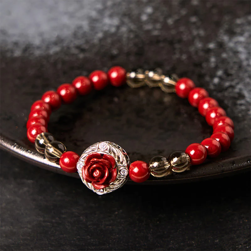 Buddha Stones Cinnabar Angora Red Shell Pearl Rose Petals Calm Bracelet