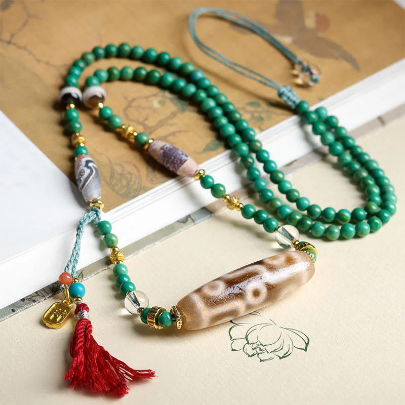Buddha Stones Tibet Dzi Bead Turquoise Bead Chain Protection Necklace Pendant
