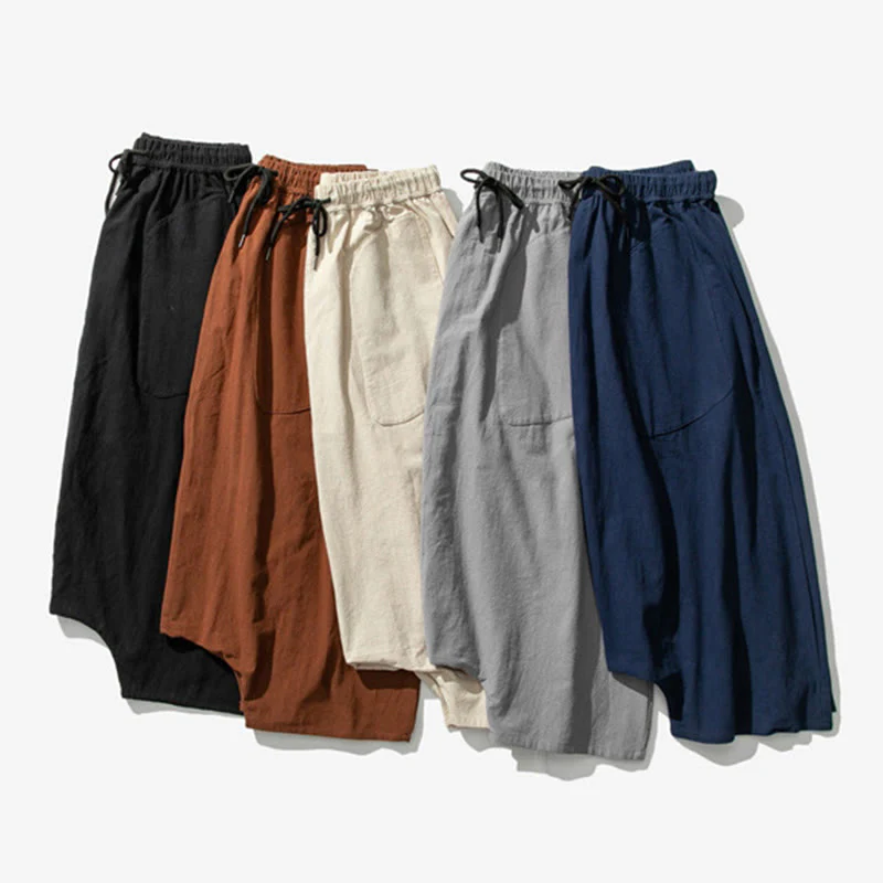 Buddha Stones Casual Low Crotch Design Drawstring Men's 7-8 Length Cotton Linen Wide Leg Pants With Pockets
