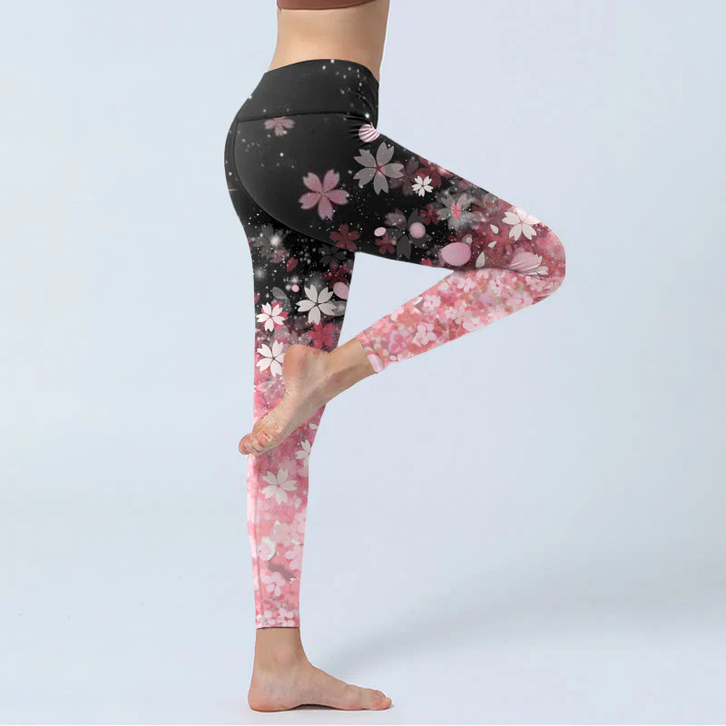 Buddha Stones Pink Cherry Blossoms Print Exercise Leggings Women's Yoga Pants
