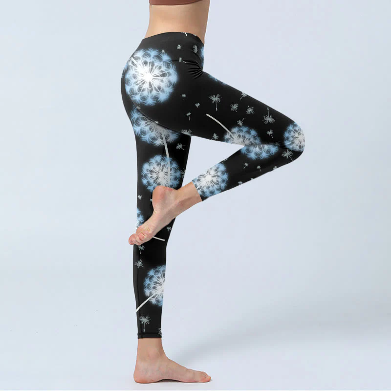 Buddha Stones White Dandelion Pattern Print Gym Leggings Women's Yoga Pants