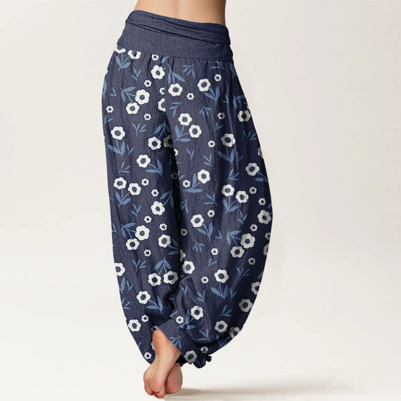 Buddha Stones Casual Simple Flowers Leaves Pattern Women's Elastic Waist Harem Pants