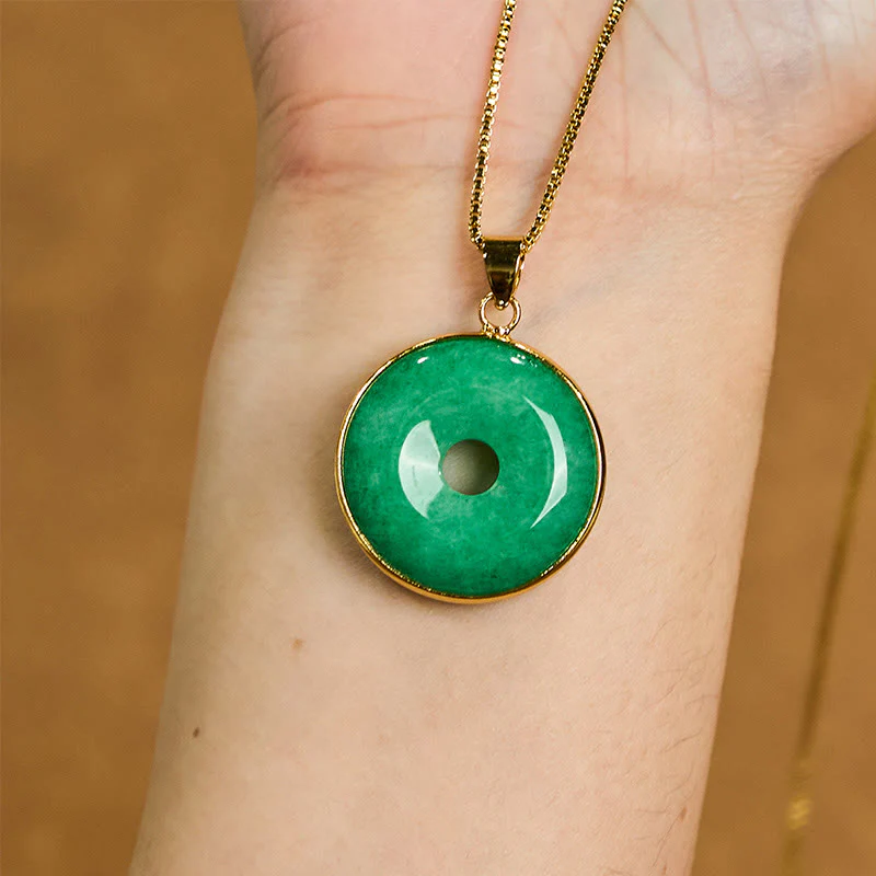 Buddha Stones Natural Cyan Jade Peace Buckle Healing Luck Necklace Pendant