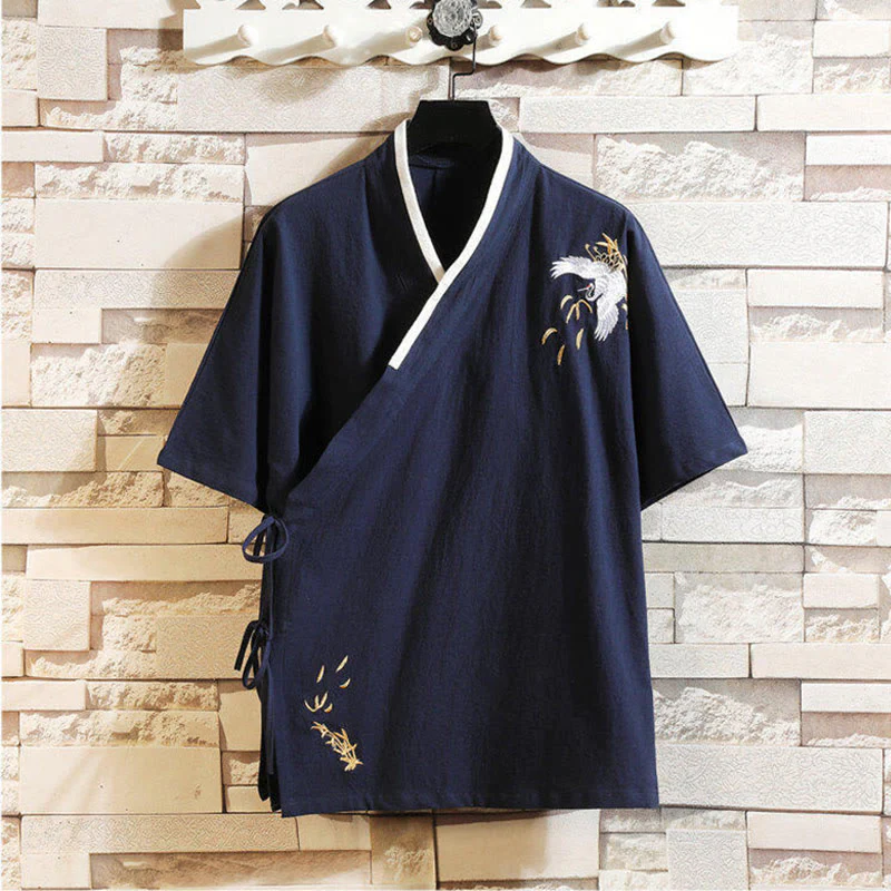 Buddha Stones Tang Suit Embroidery Crane Pattern Lace-Up Side Men's Cotton Linen T-Shirt