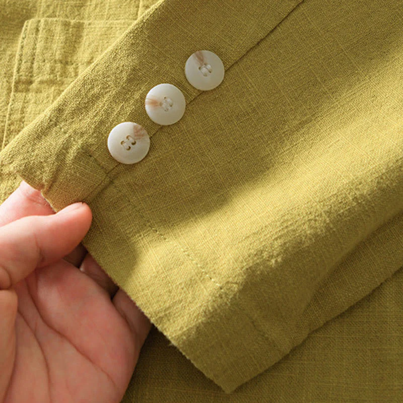 Buddha Stones Long Sleeve Button Placket Design Men's Cotton Linen Jacket Shirt With Pockets