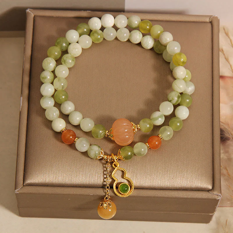 Buddha Stones Double Wrap Gourd Pumpkin Green Grape Serpentine Jade Luck Bracelet