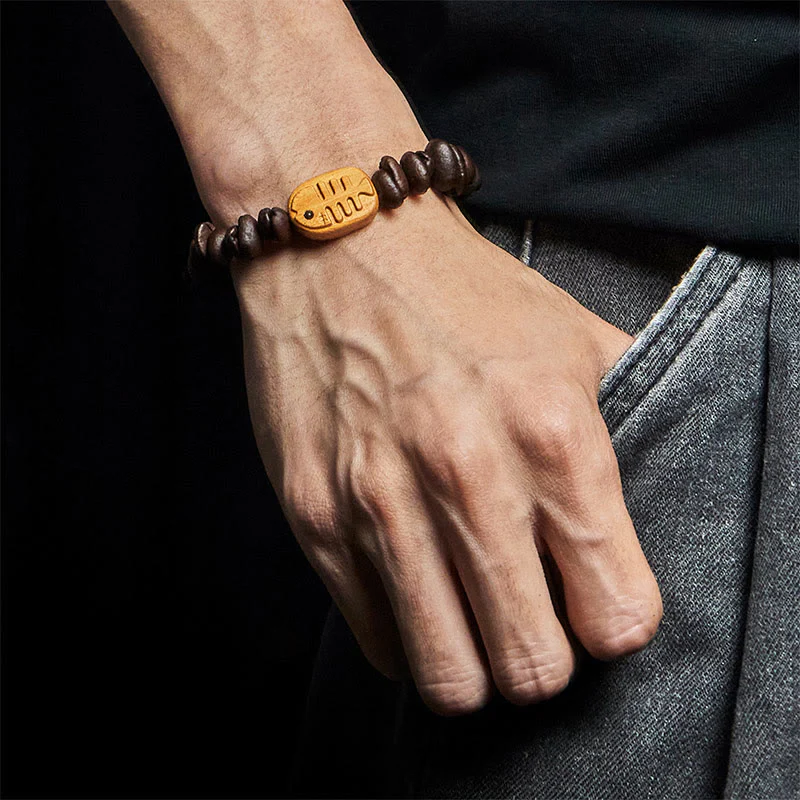 Buddha Stones Handmade Fishbone Real Coffee Beans Wenge Wood Bracelet