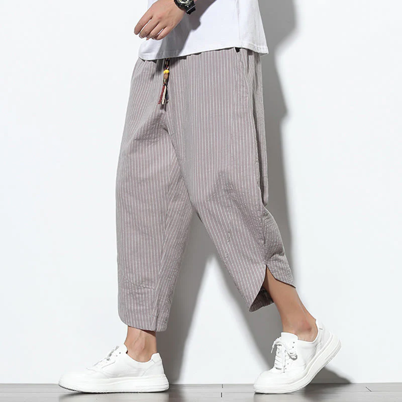Buddha Stones Summer Stripes Pattern Drawstring Cotton Linen Men's 7-8 Length Harem Pants With Pockets