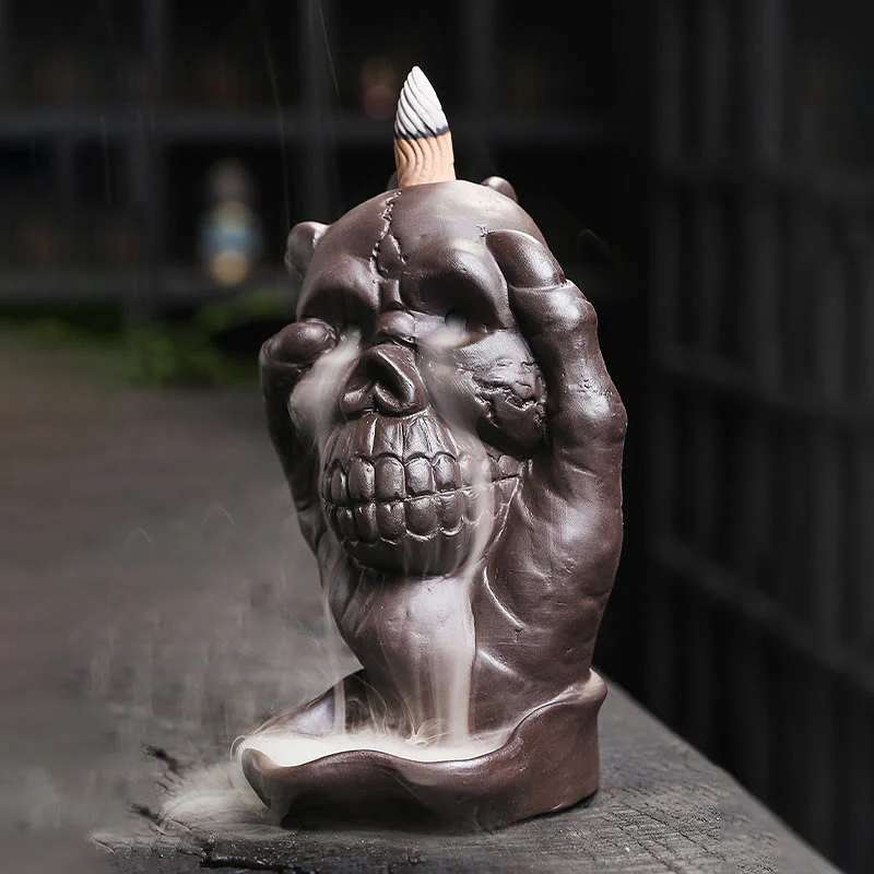 Buddha Stones Halloween Skull With Ghost Hand Purple Clay Spiritual Incense Burner Decoration