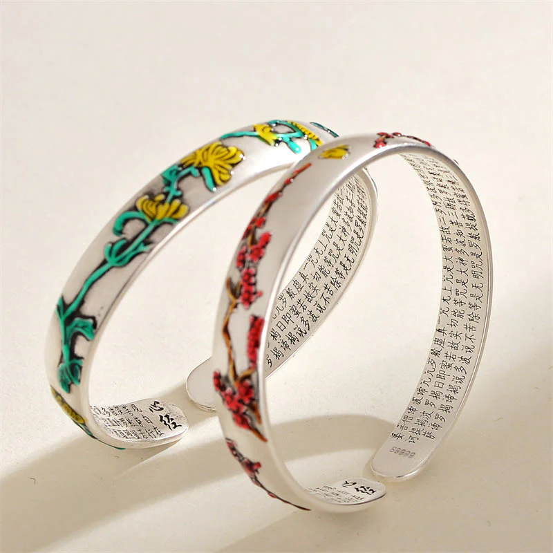 Buddha Stones Plum Blossom Chrysanthemum Flower Design Heart Sutra Healing Bracelet Cuff Bangle