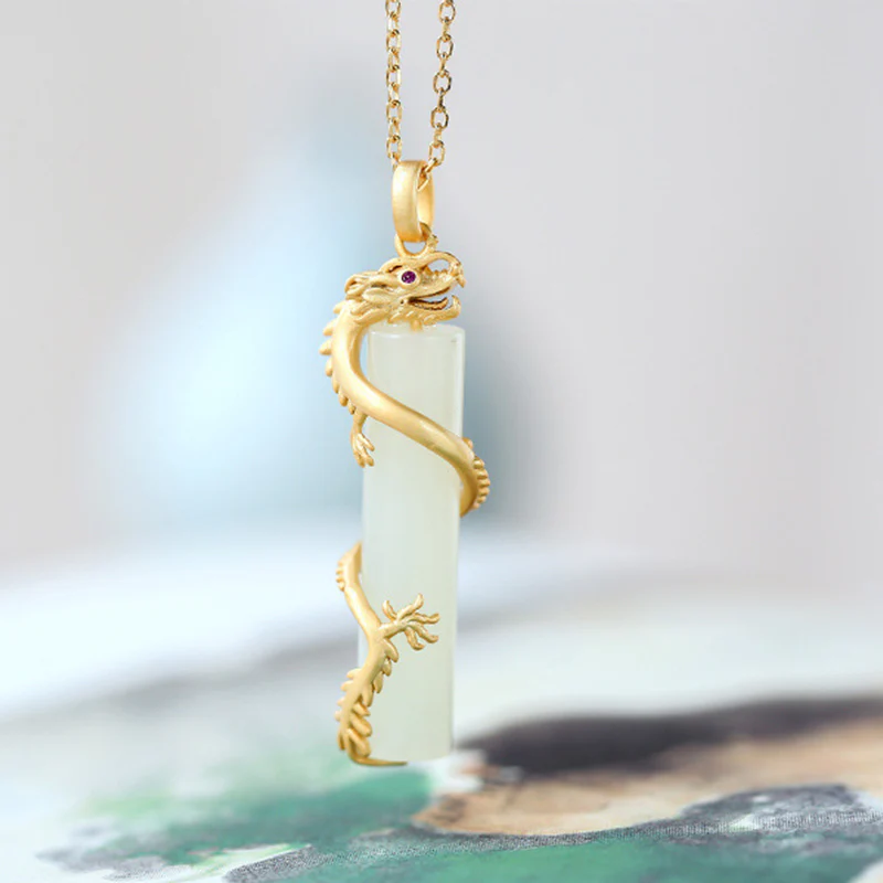Buddha Stones Jade Dragon Phoenix Copper Protection Necklace Pendant
