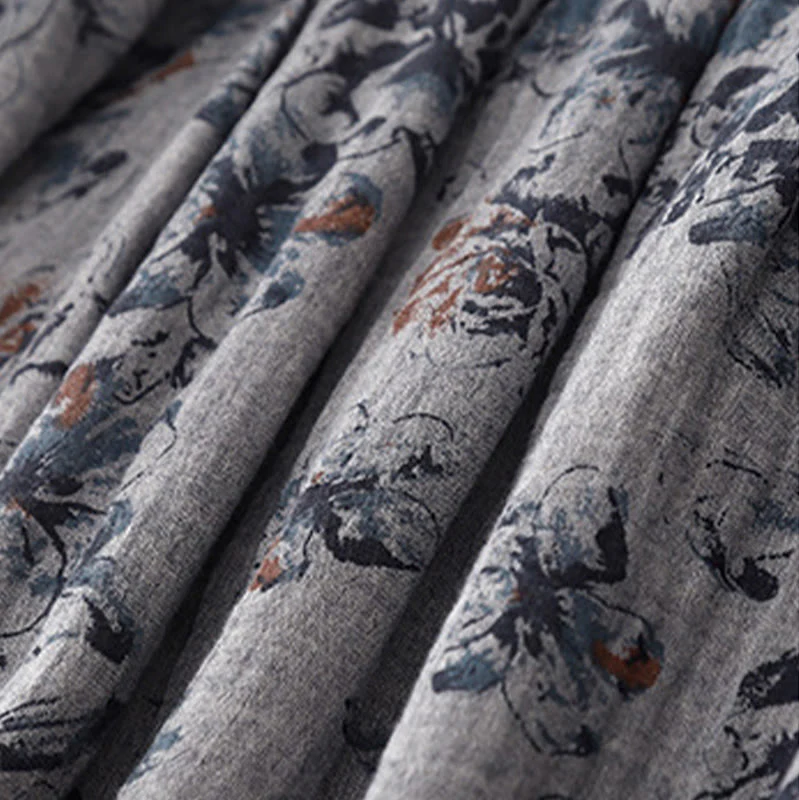 Buddha Stones Casual Small Floral Pattern Crew Neck Cotton Linen Midi Dress With Pockets