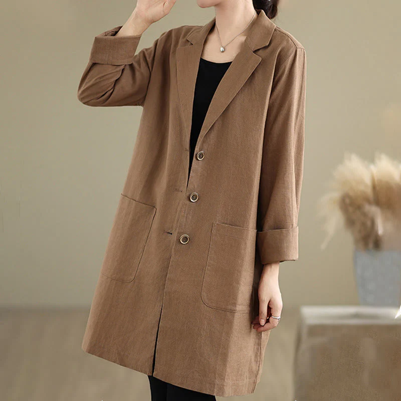 Buddha Stones Casual Fall Buttons Design Lapel Women's Cotton Linen Coat With Pockets