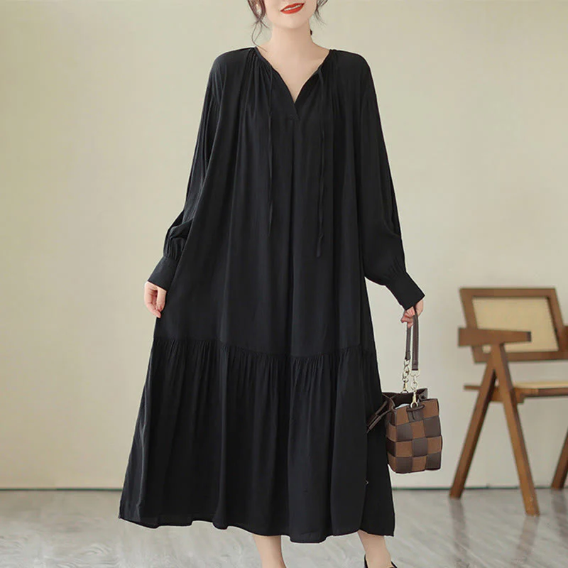 Buddha Stones Casual Plain Two-sided Style Dress Chiffon Midi Dress With Pockets