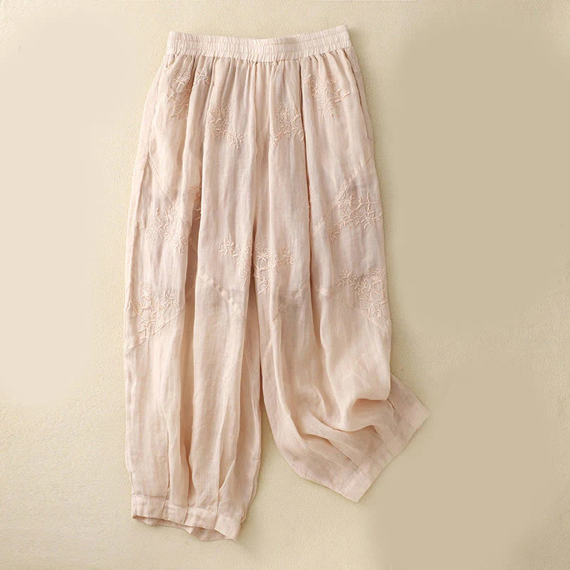 Buddha Stones Embroidered Pattern Women's Cotton Linen Harem Pants With Pockets