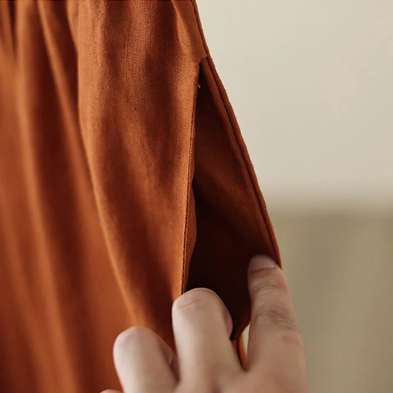 Buddha Stones Commute Retro Plain Lace Patchwork Design 7-8 Length Women's Wide Leg Cotton Pants With Pockets