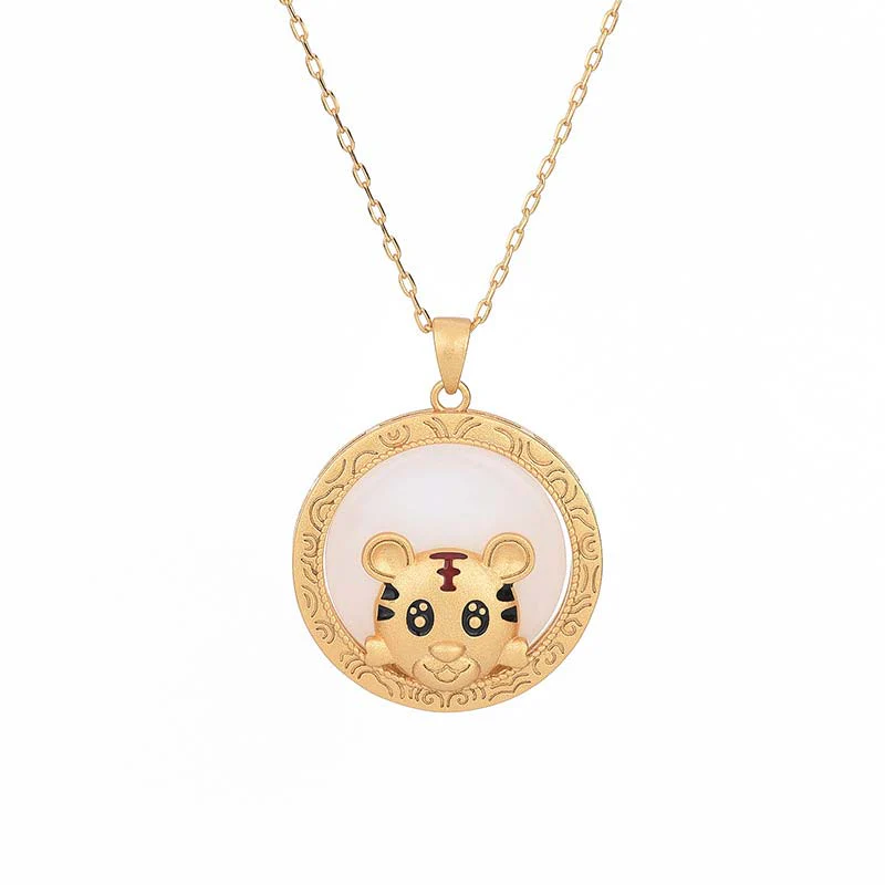 Buddha Stones White Jade Year of the Tiger Blessing Necklace