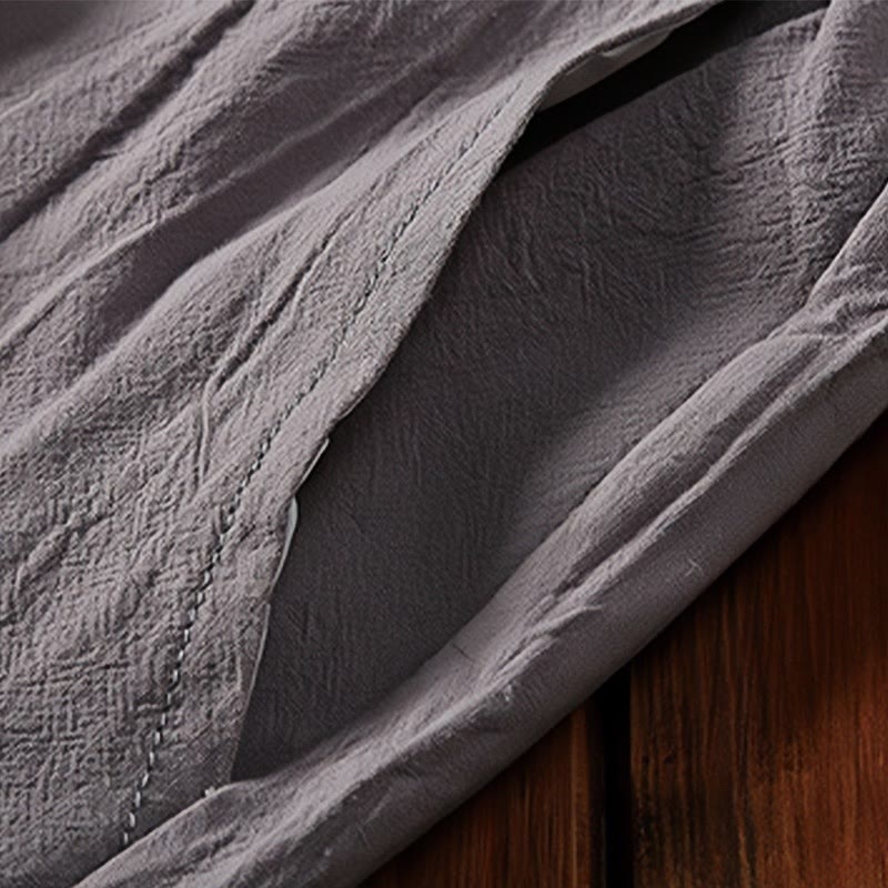 Buddha Stones Summer Casual 2Pcs Plain Notched Collar T-Shirt Drawstring Shorts With Pockets Cotton Linen Men's Meditation Cloth Set