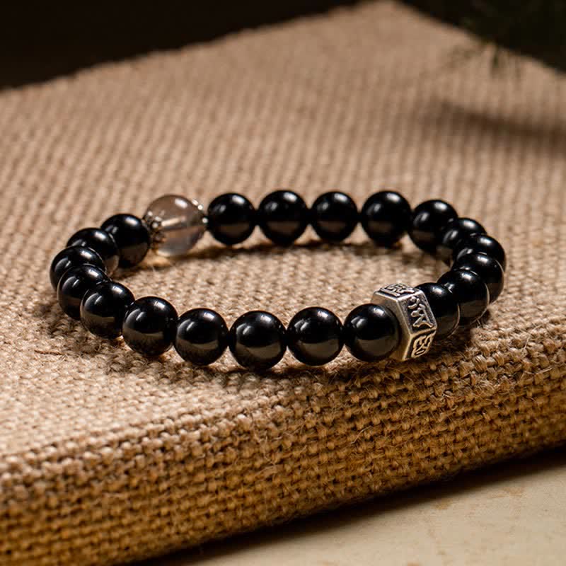 Buddha Stones Chinese Zodiac Natal Buddha 925 Sterling Silver Black Obsidian Moonstone Strength Bracelet