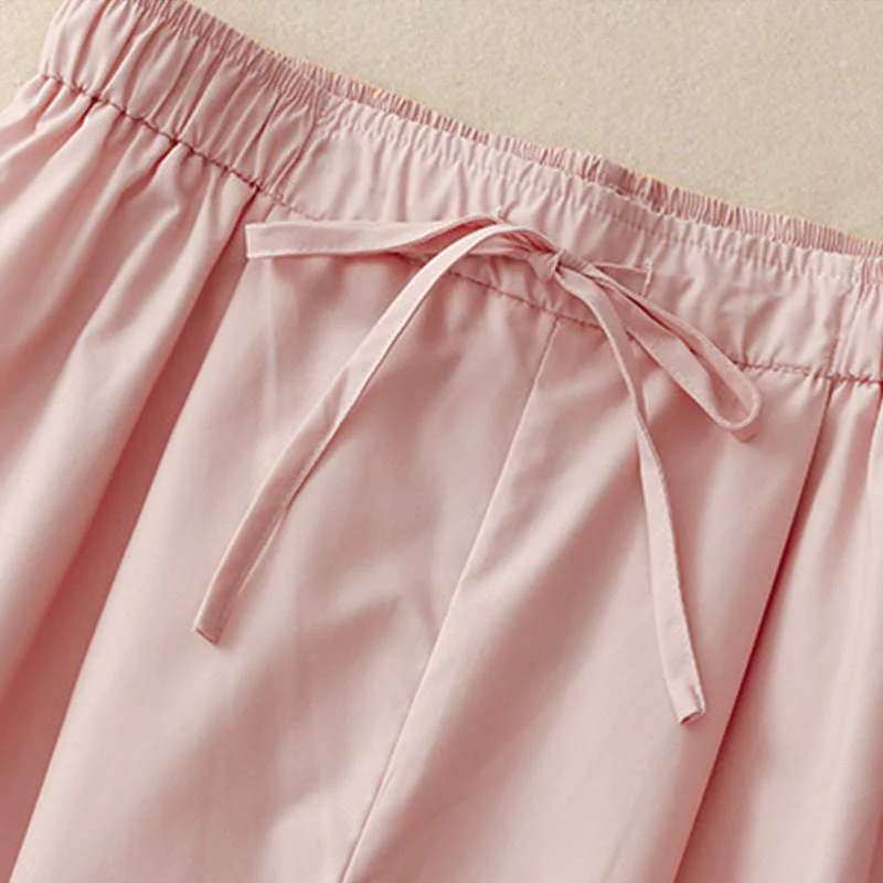 Buddha Stones Commute Plain Lace Patchwork Drawstring Design Women's Wide Leg Cotton Ankle-Length Pants With Pockets