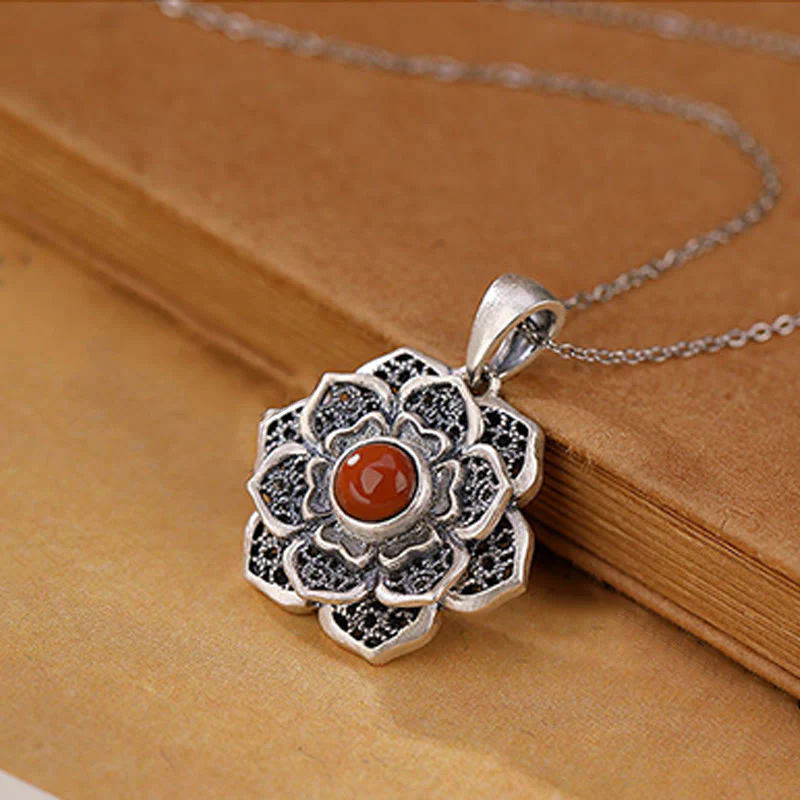 Buddha Stones Tibetan Om Mani Padme Hum Lotus Pattern Red Agate Copper Peace Necklace Pendant