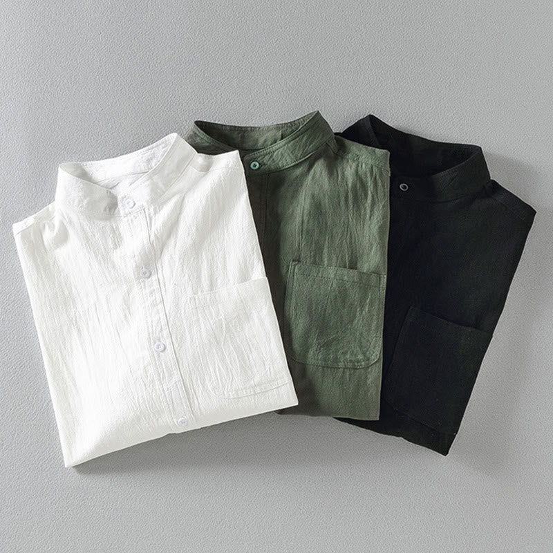 Buddha Stones Summer Solid Men's Buttons Half Sleeve Cotton Linen Shirt