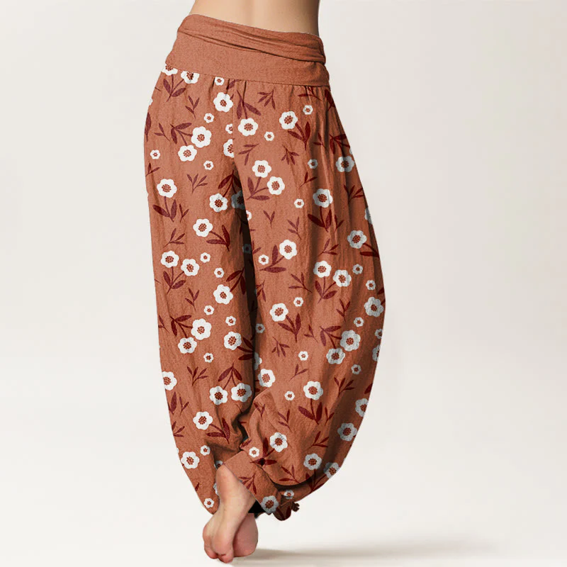 Buddha Stones Casual Simple Flowers Leaves Pattern Women's Elastic Waist Harem Pants
