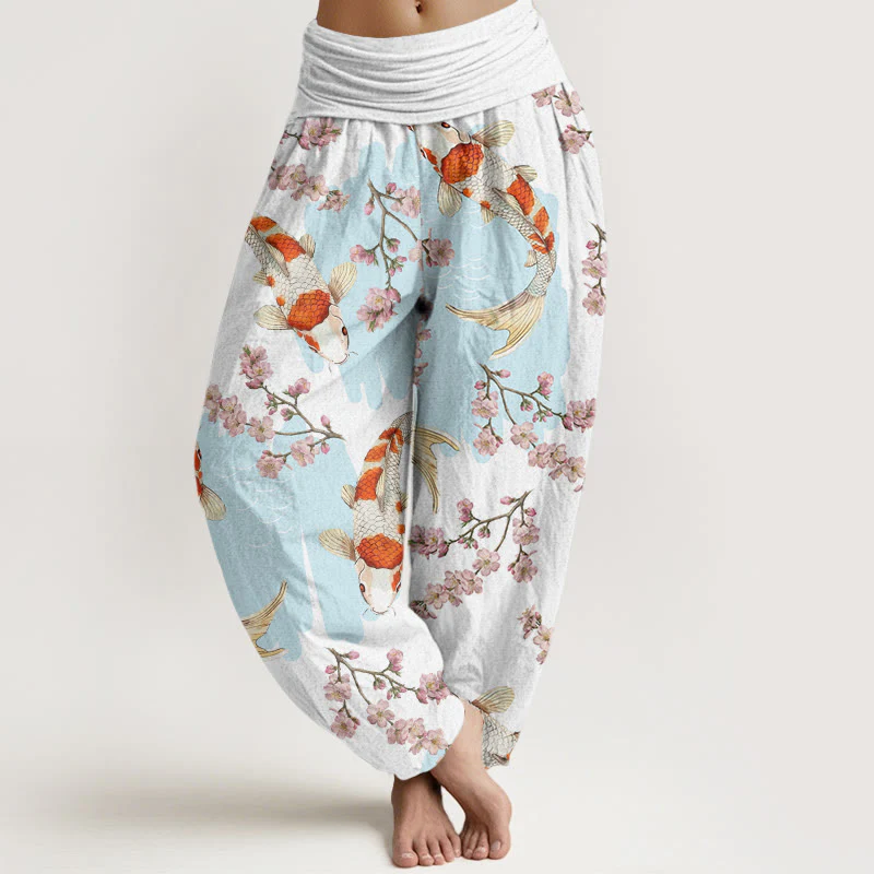 Buddha Stones Casual Koi Fish Cherry Blossom Pattern Women's Elastic Waist Harem Pants