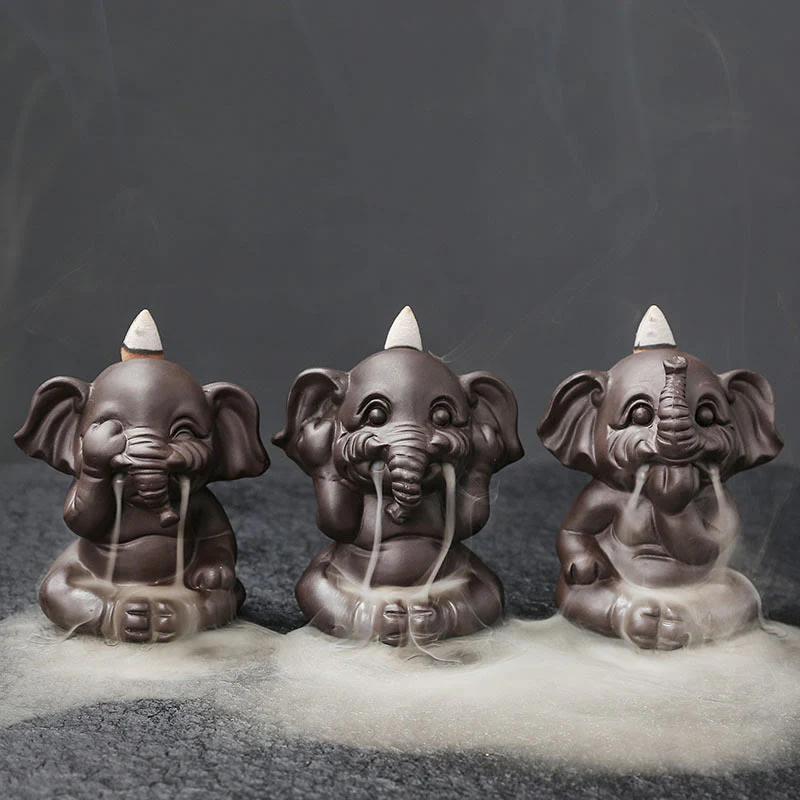 Buddha Stones Cute Elephant Purple Clay Backflow Smoke Fountain Peace Healing Incense Burner Decoration
