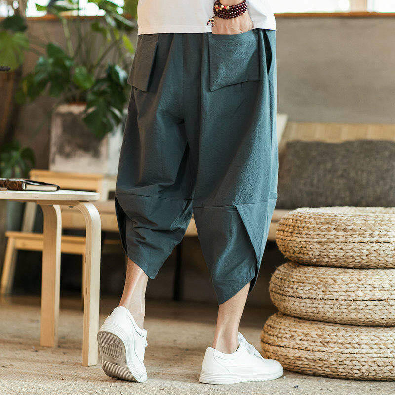 Buddha Stones White Crane Clouds Embroidery Cotton Linen Men's 7-8 Length Harem Pants With Pockets