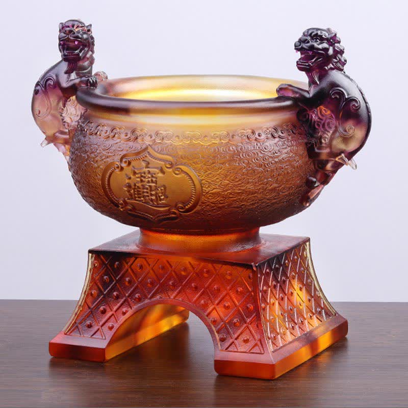 Buddha Stones Handmade Liuli Crystal PiXiu Treasure Bowl Art Piece Home Decoration