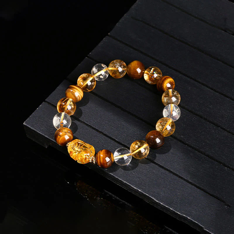 Buddha Stones Natural Yellow Tiger Eye Citrine Beeswax Pixiu Strength Bracelet