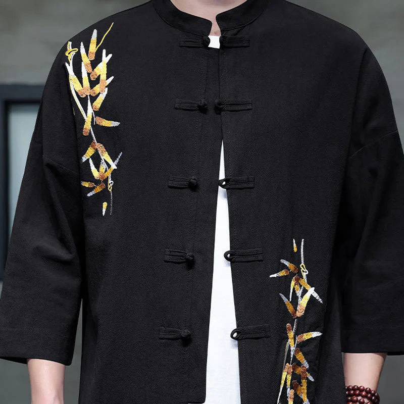 Buddha Stones Embroidery Men's  Chinese Frog-Button Three Quarter Sleeve Shirt Clothing