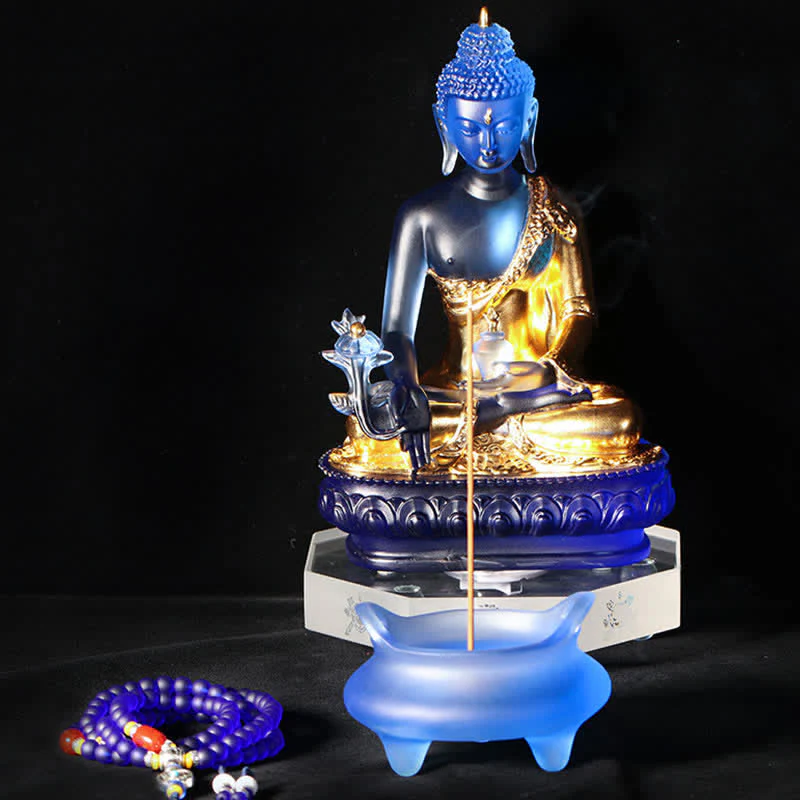 Buddha Stones Medicine Buddha Handmade Liuli Crystal Art Piece Compassion Statue Home Office Offering Decoration