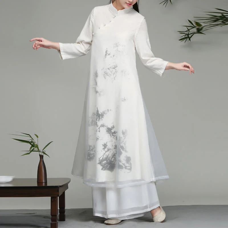 Buddha Stones  Chinese Frog-Button Design Long Sleeve Chiffon Midi Dress