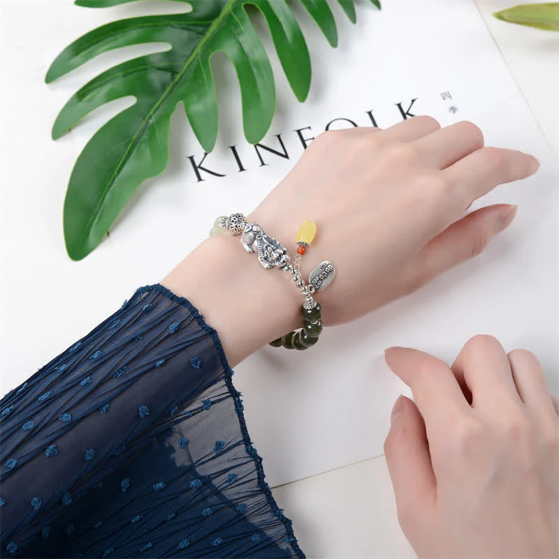Buddha Stones 925 Sterling Silver Natural Hetian Jade Amber PiXiu Luck Bracelet
