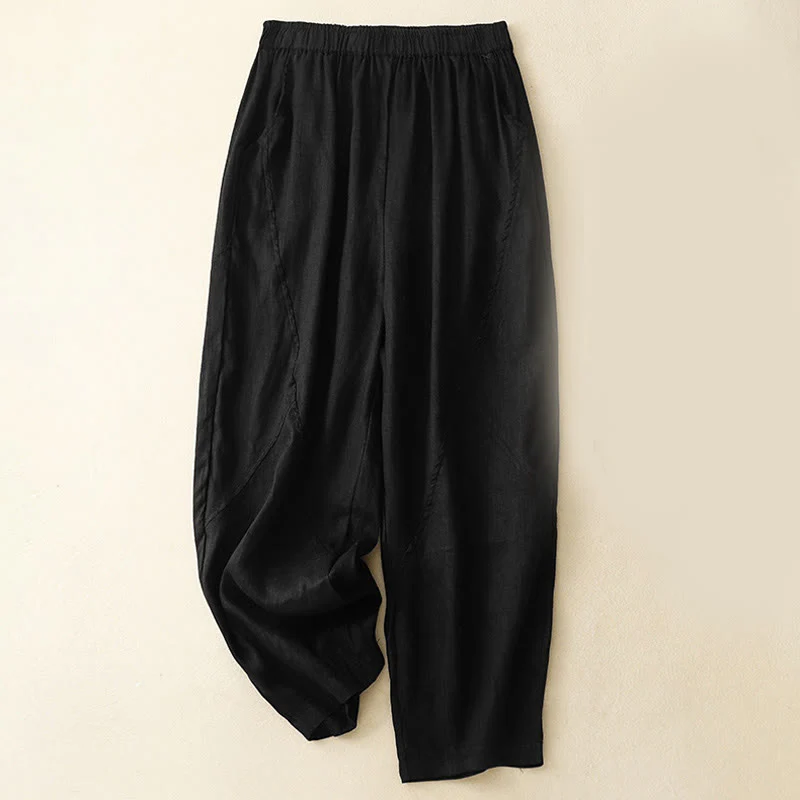 Buddha Stones Casual Plain Cropped Pants Women's Cotton Linen Harem Pants With Pockets