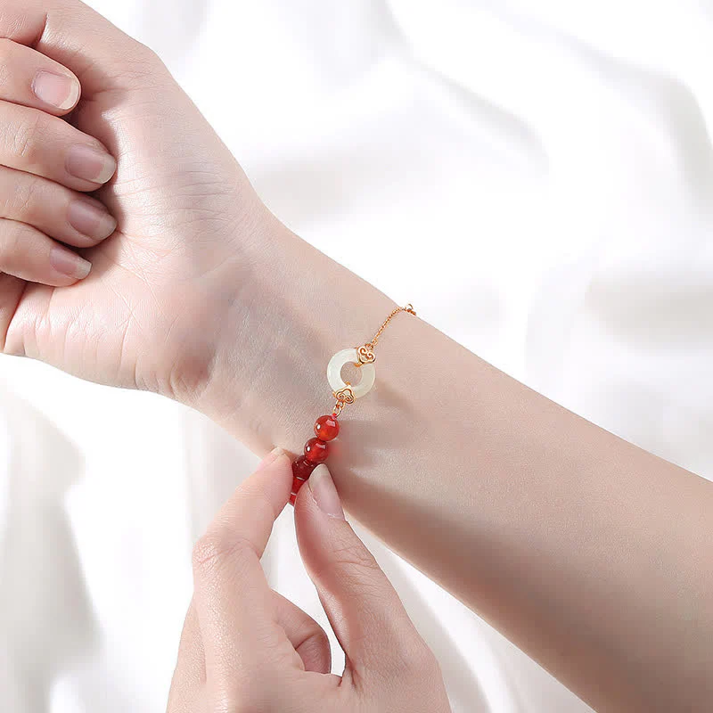 Buddha Stones 925 Sterling Silver Natural Red Agate White Jade Peace Buckle Confidence Bracelet