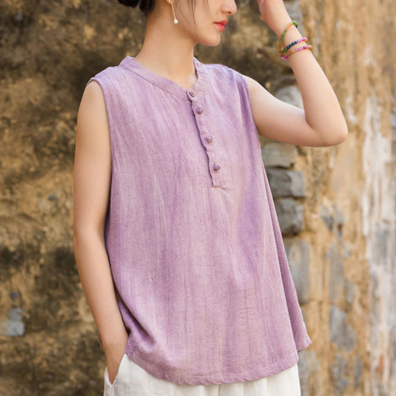 Buddha Stones Summer Tie-dye Buttons Linen Sleeveless Women's Vest