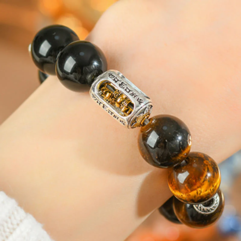 Buddha Stones Natural Silver Sheen Obsidian Tiger Eye Vajra Protection Bracelet