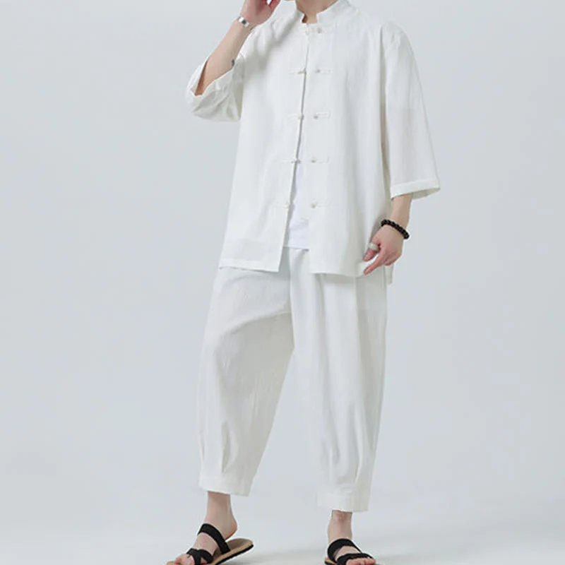 Buddha Stones 2Pcs Solid Frog-Button Three Quarter Sleeve Shirt Pants Men's Set