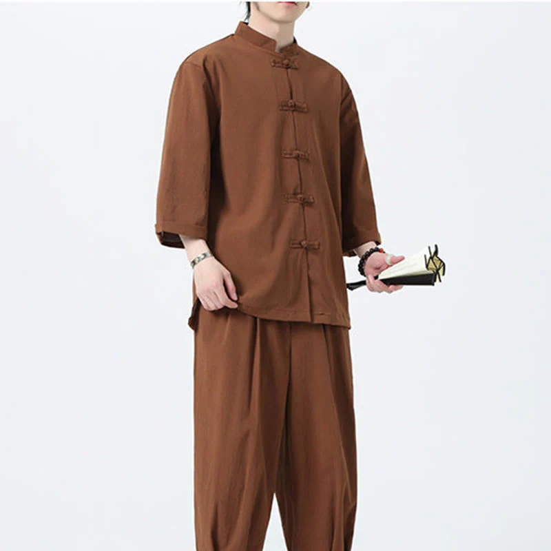 Buddha Stones 2Pcs Solid Frog-Button Three Quarter Sleeve Shirt Pants Men's Set